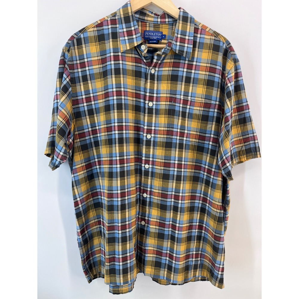 Pendleton Mens XL Short Sleeve Button Down Shirt Multi Color Plaid Pocket Top